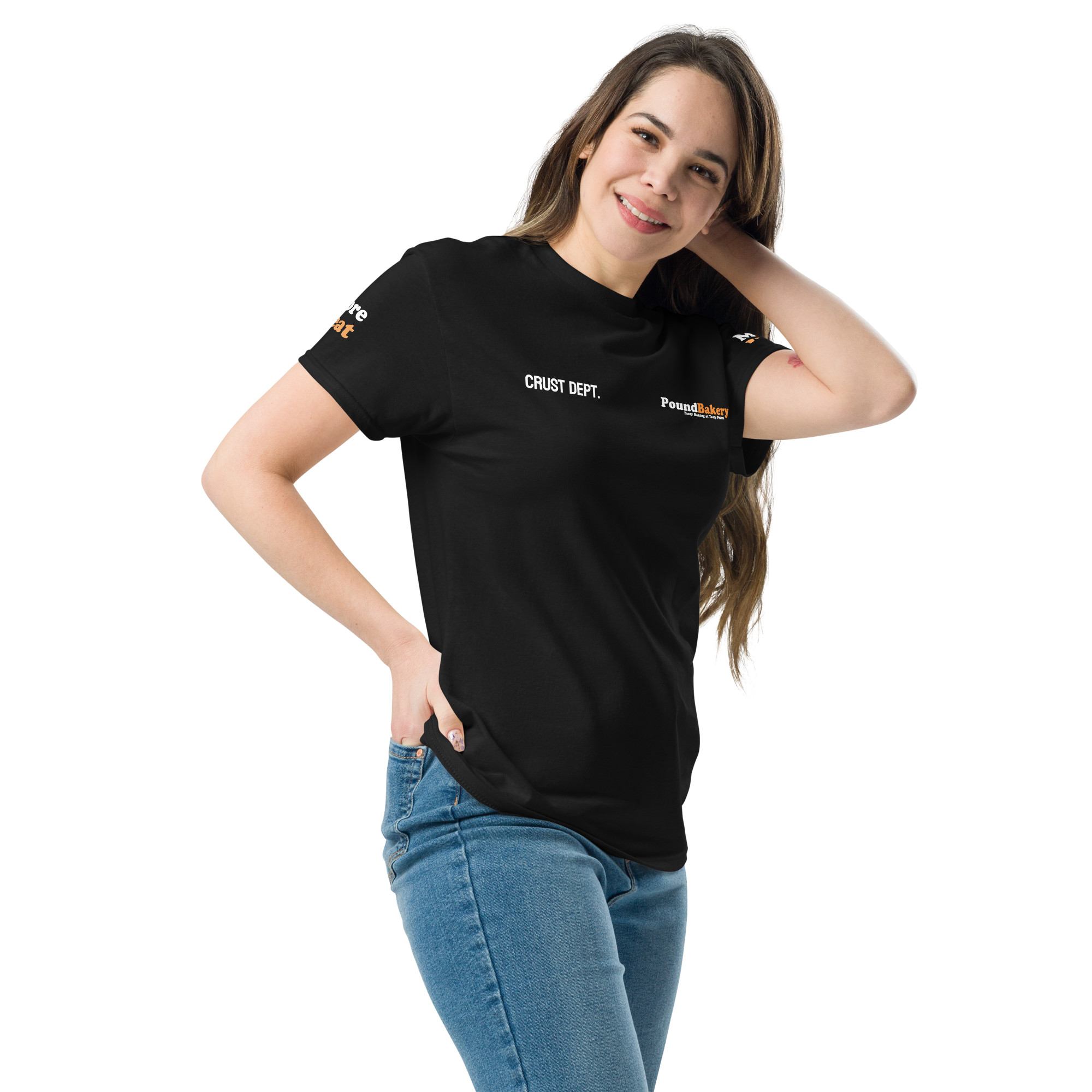 Woman wearing a black t-shirt with text and logos on a white background