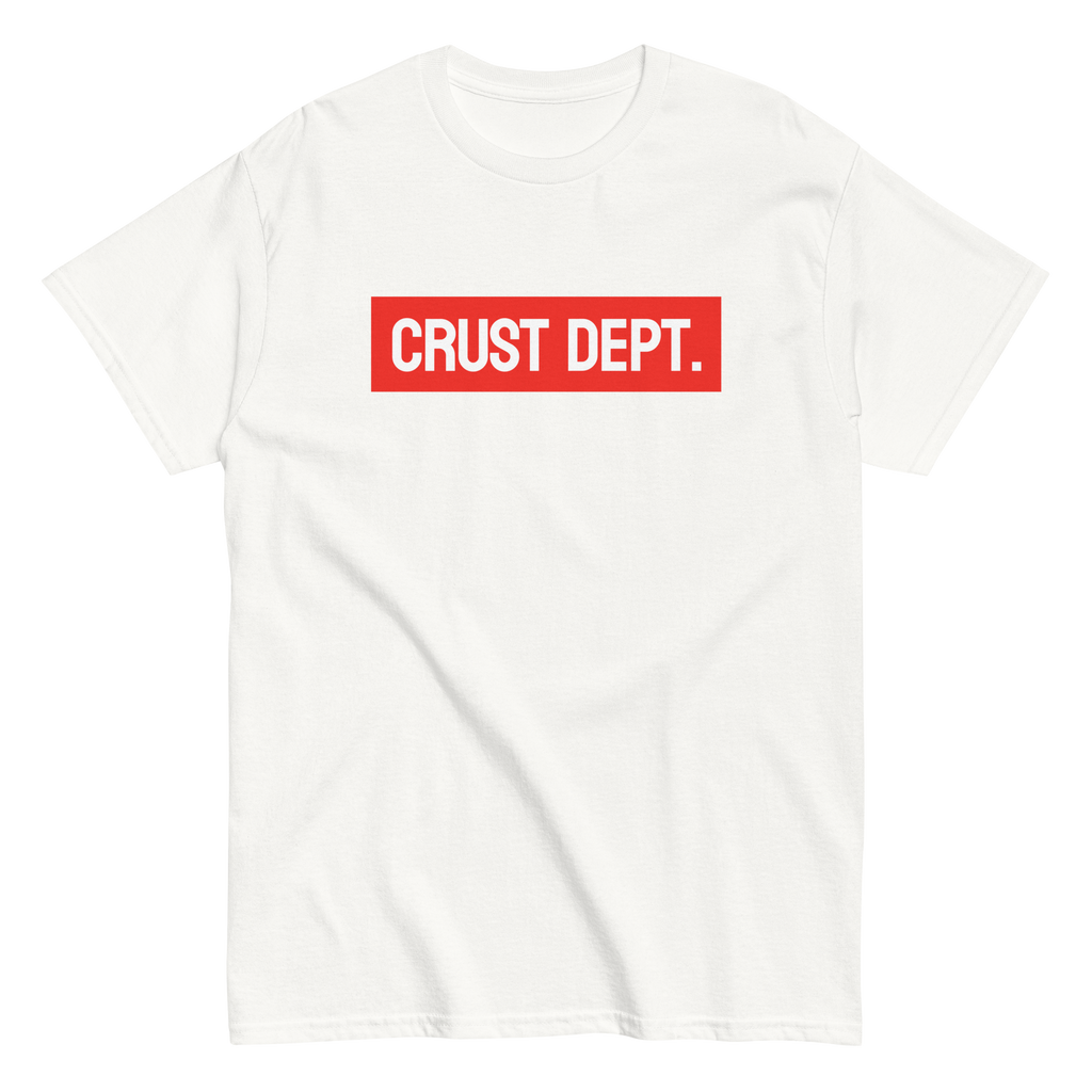 White t-shirt with 'CRUST DEPT.' text in red on a white background