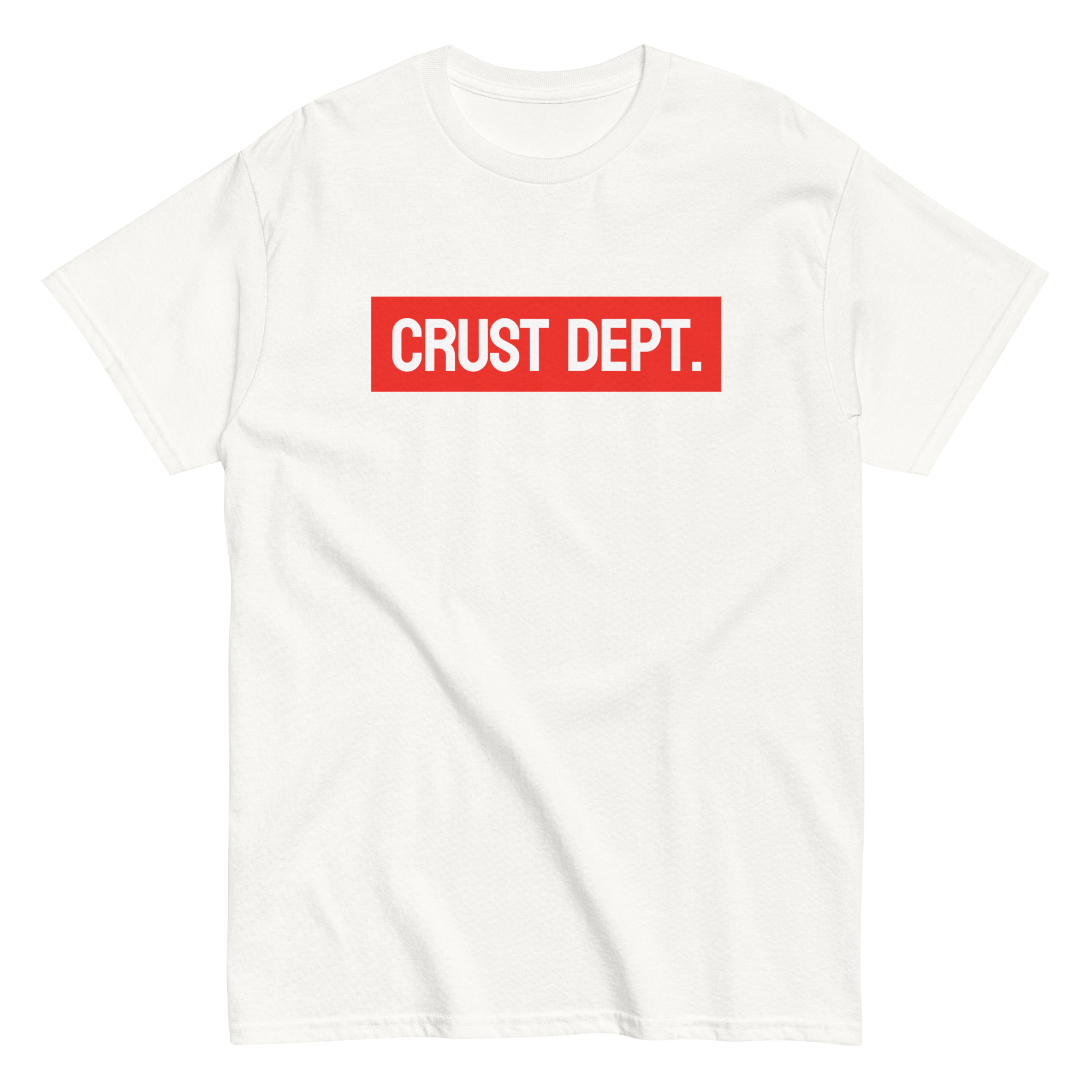 White t-shirt with 'CRUST DEPT.' text in red on a white background