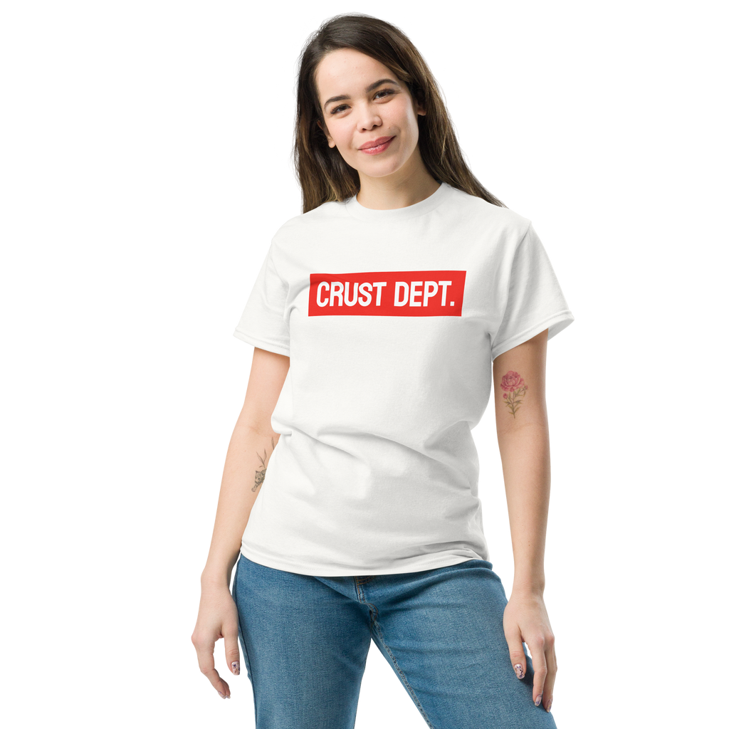 Person wearing a white t-shirt with 'CRUST DEPT.' text on a white background