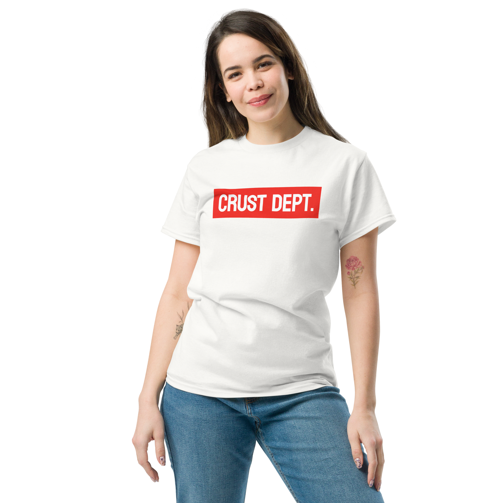 Person wearing a white t-shirt with 'CRUST DEPT.' text on a white background