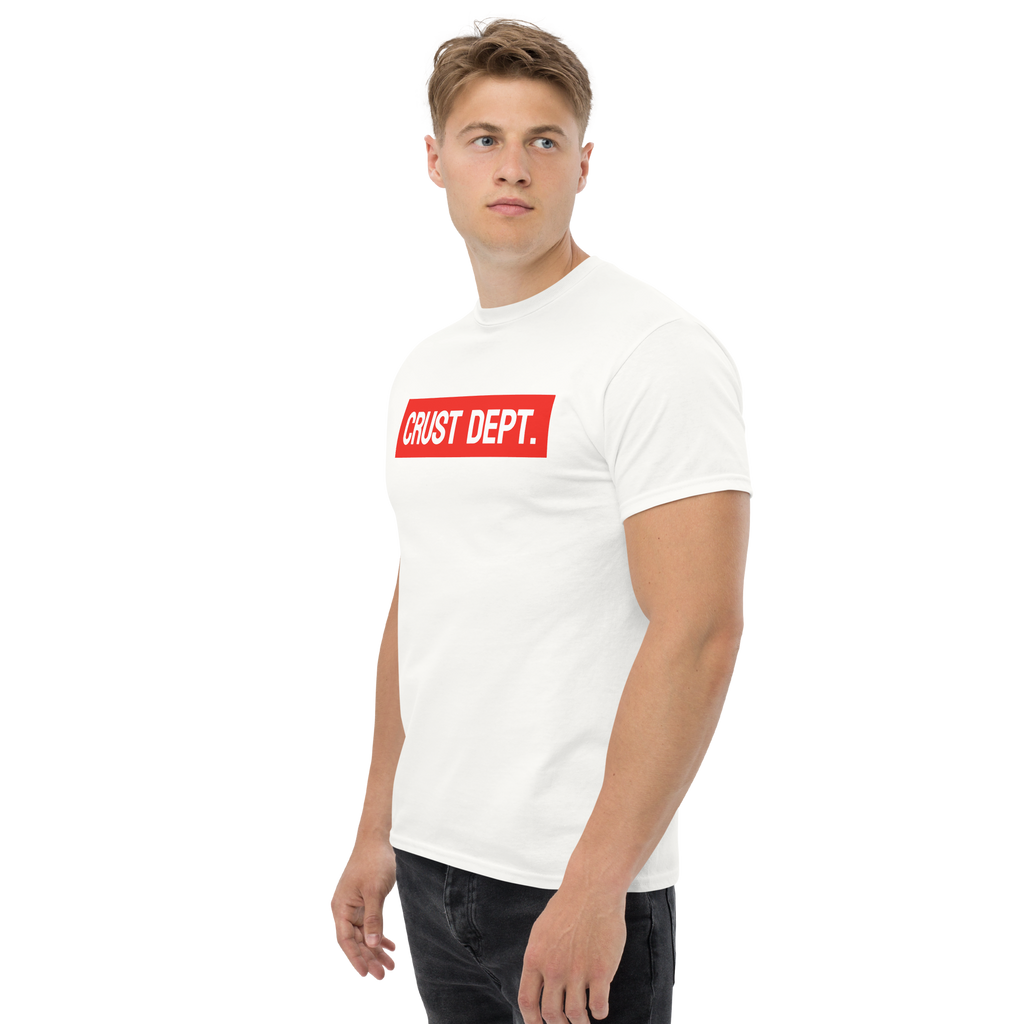 Man wearing a white t-shirt with a red logo on a white background