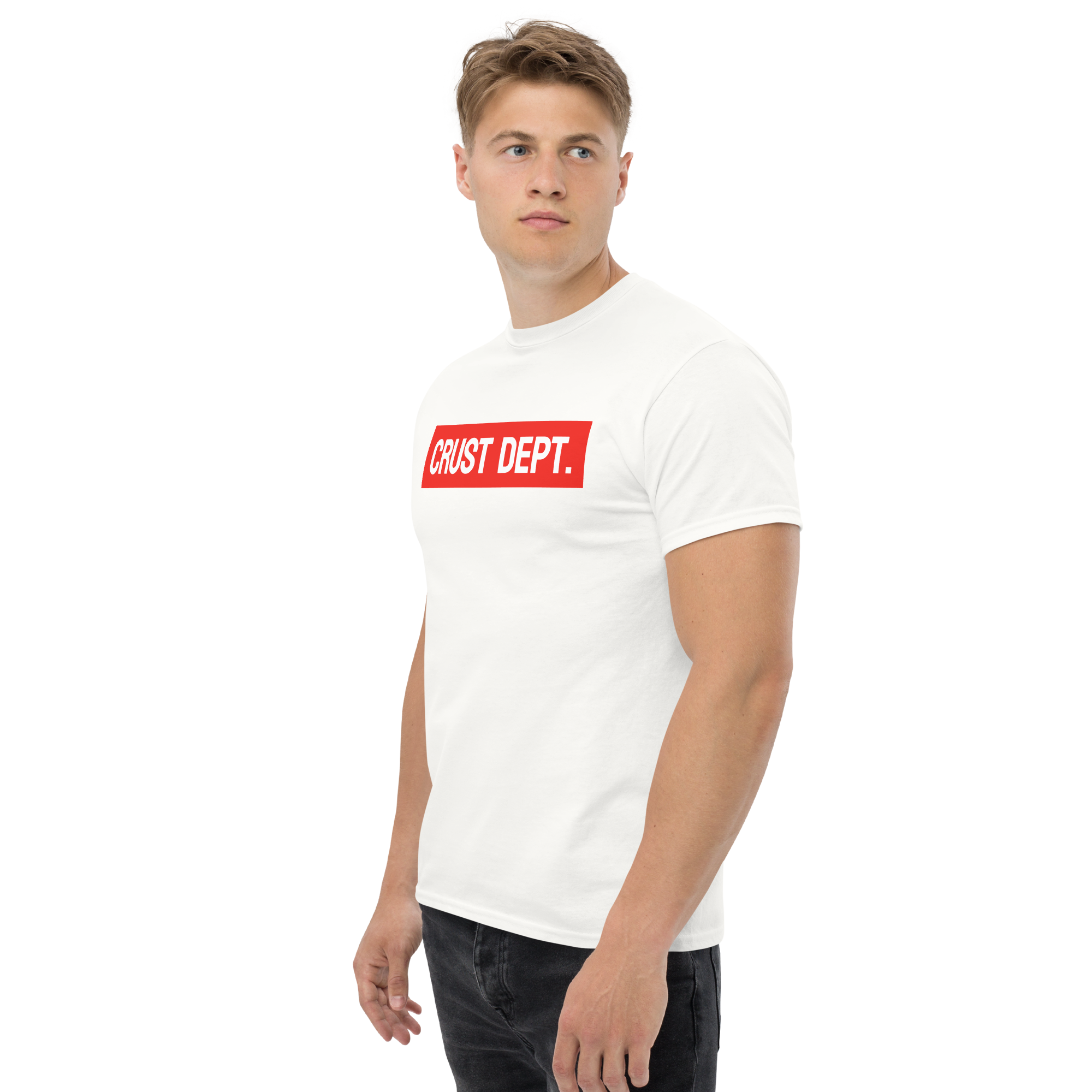 Man wearing a white t-shirt with a red logo on a white background