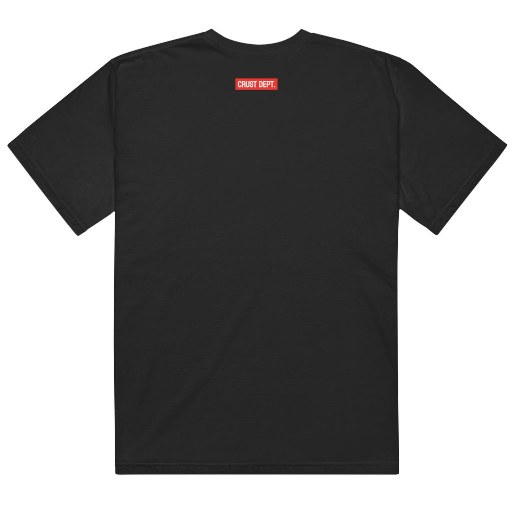 Black t-shirt with a red and white logo on the back against a white background