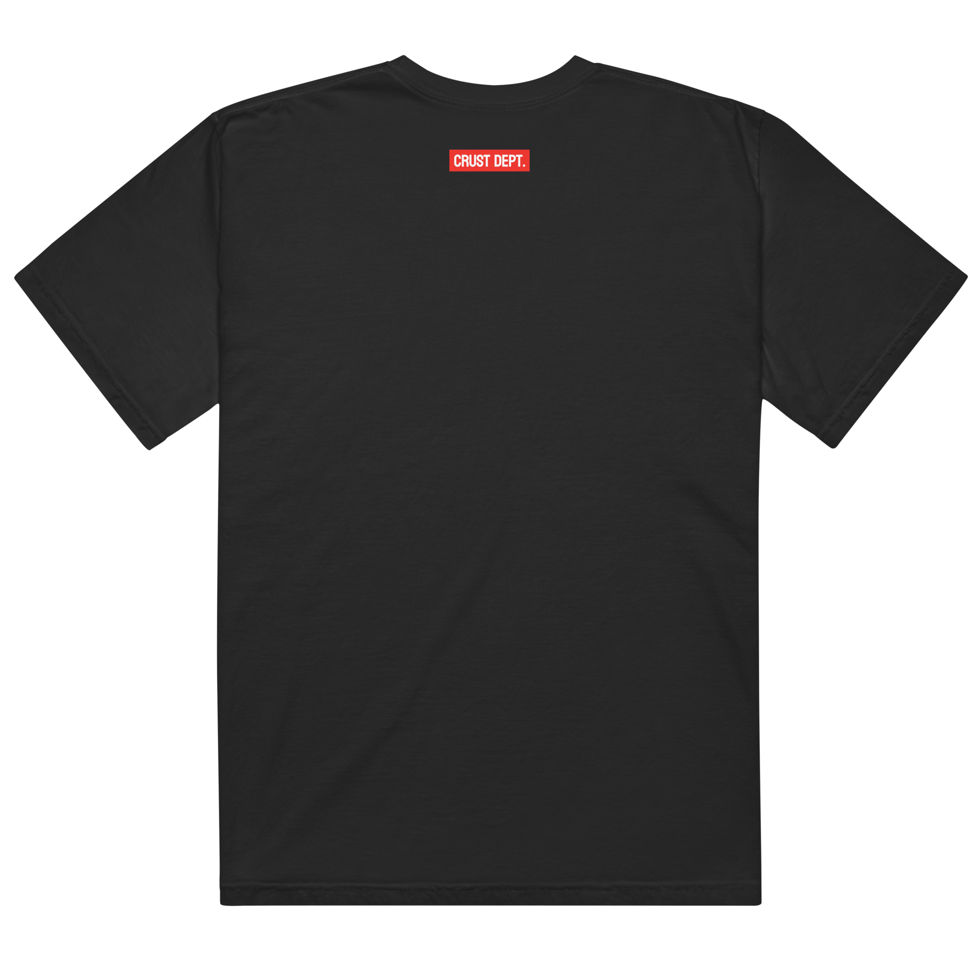 Black t-shirt with a red and white logo on the back against a white background