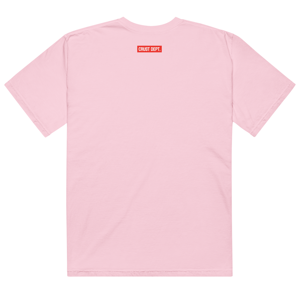 Pink t-shirt with a red label on the back against a white background
