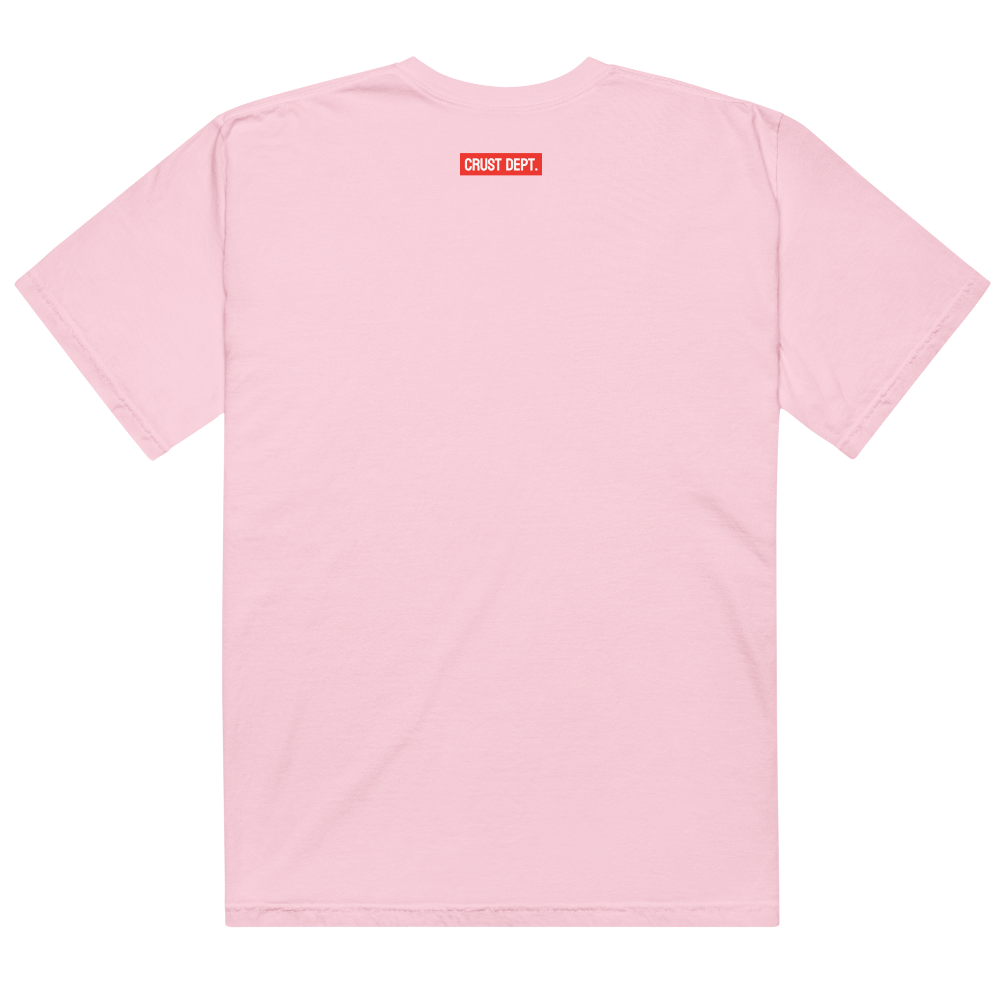 Pink t-shirt with a red label on the back against a white background