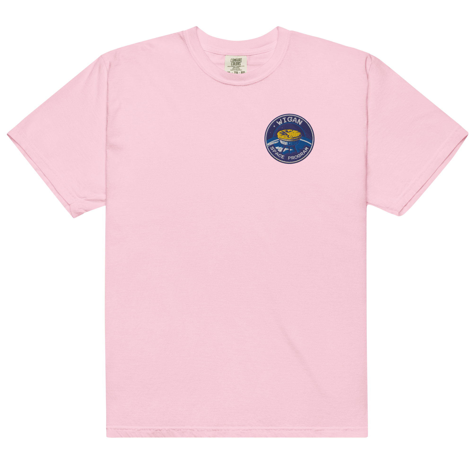 Pink t-shirt with a logo on the chest against a white background