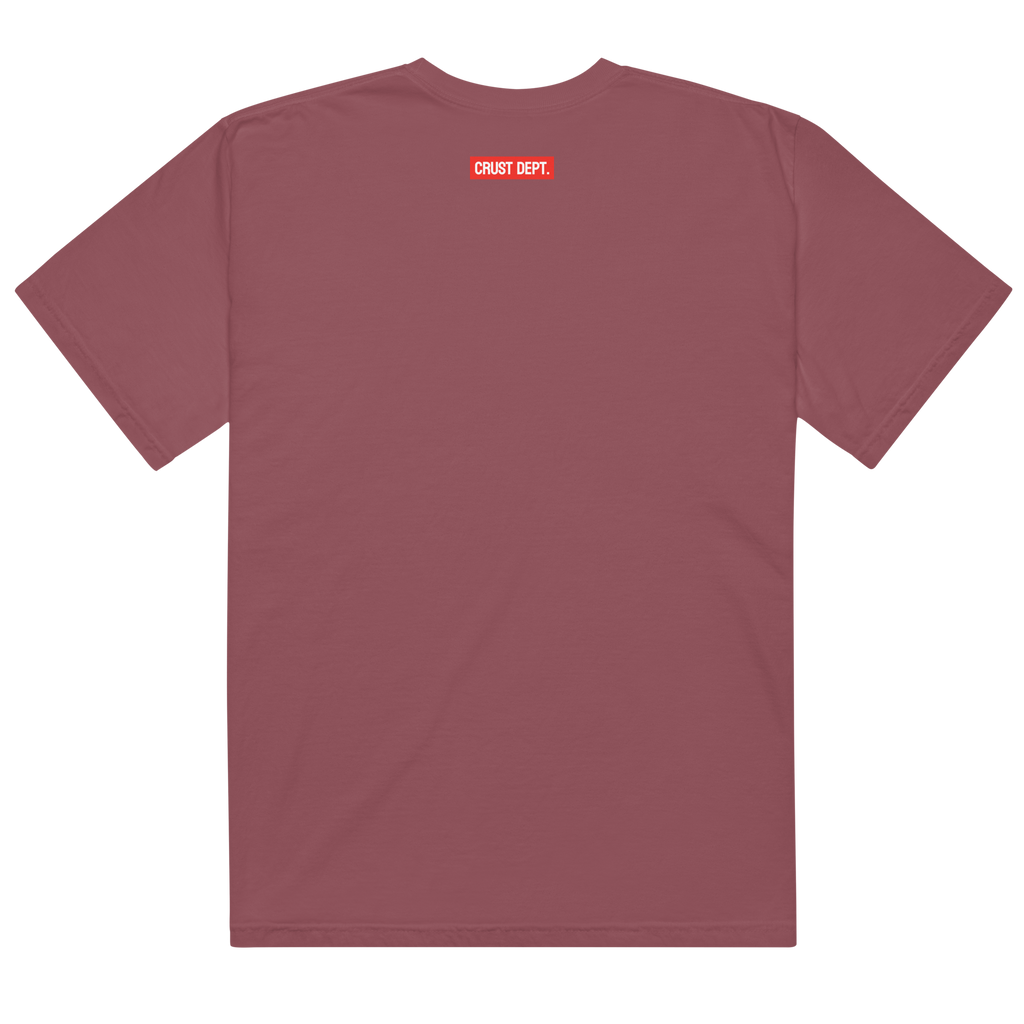 Maroon t-shirt with a red logo on the back against a white background