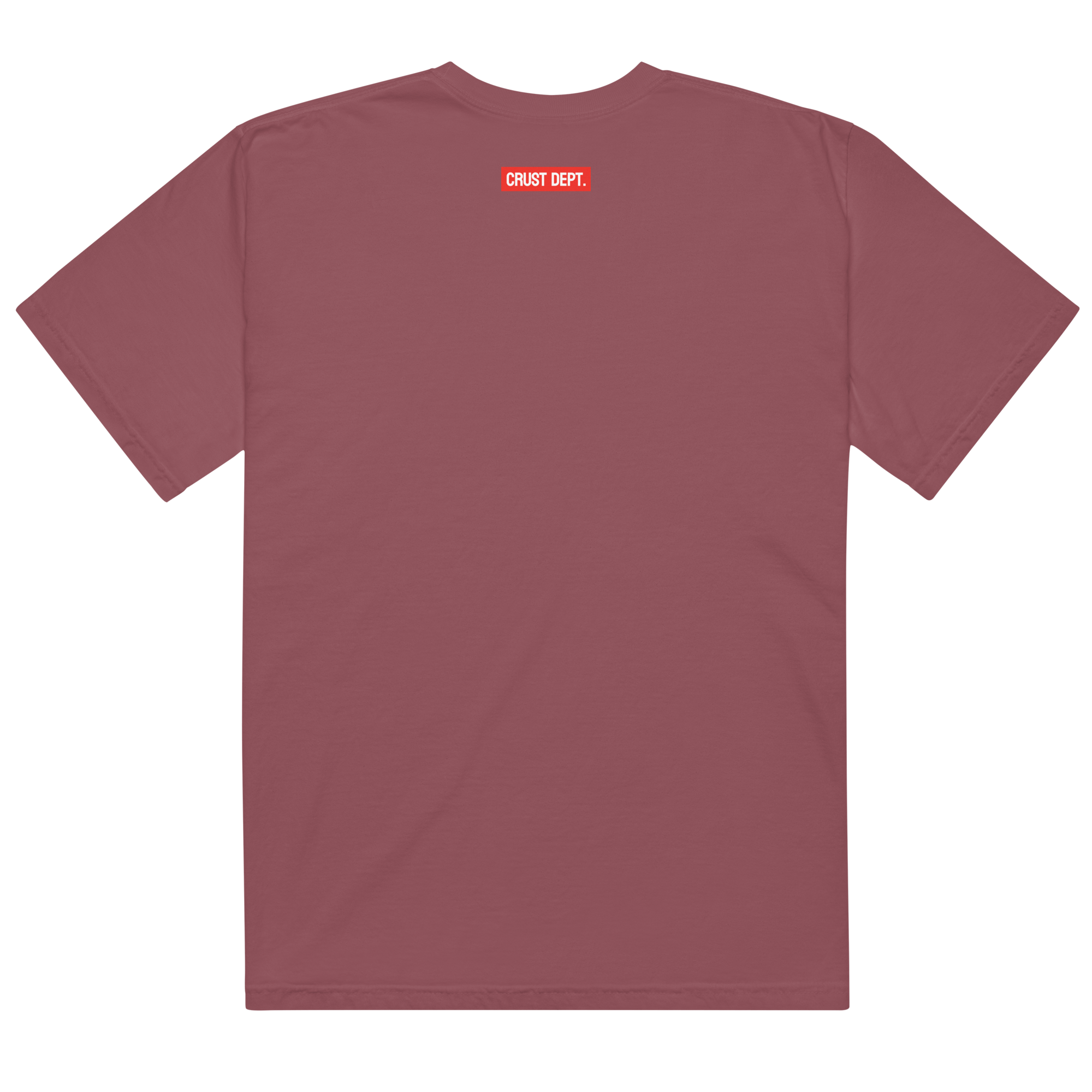 Maroon t-shirt with a red logo on the back against a white background