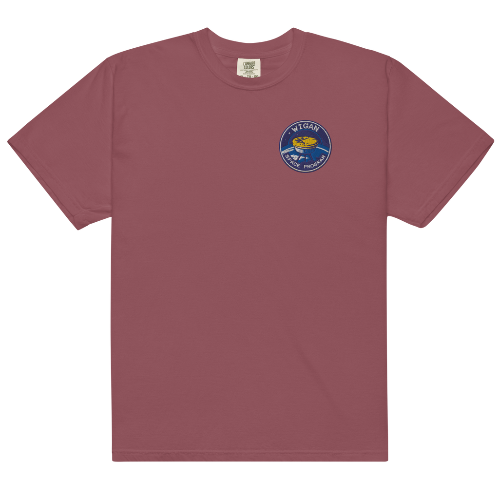 Maroon t-shirt with a small logo on the chest against a white background