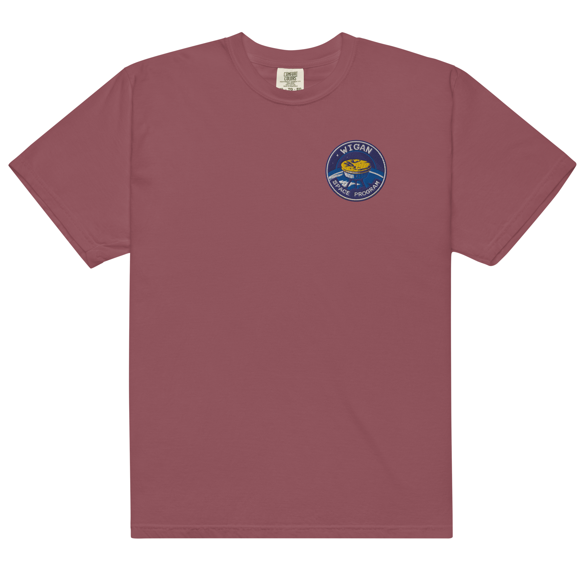 Maroon t-shirt with a small logo on the chest against a white background