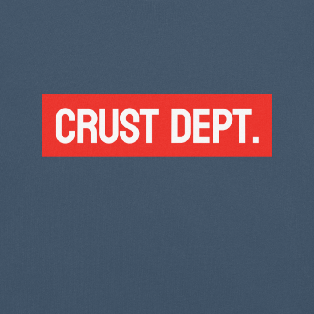 Red 'CRUST DEPT.' logo on a blue background