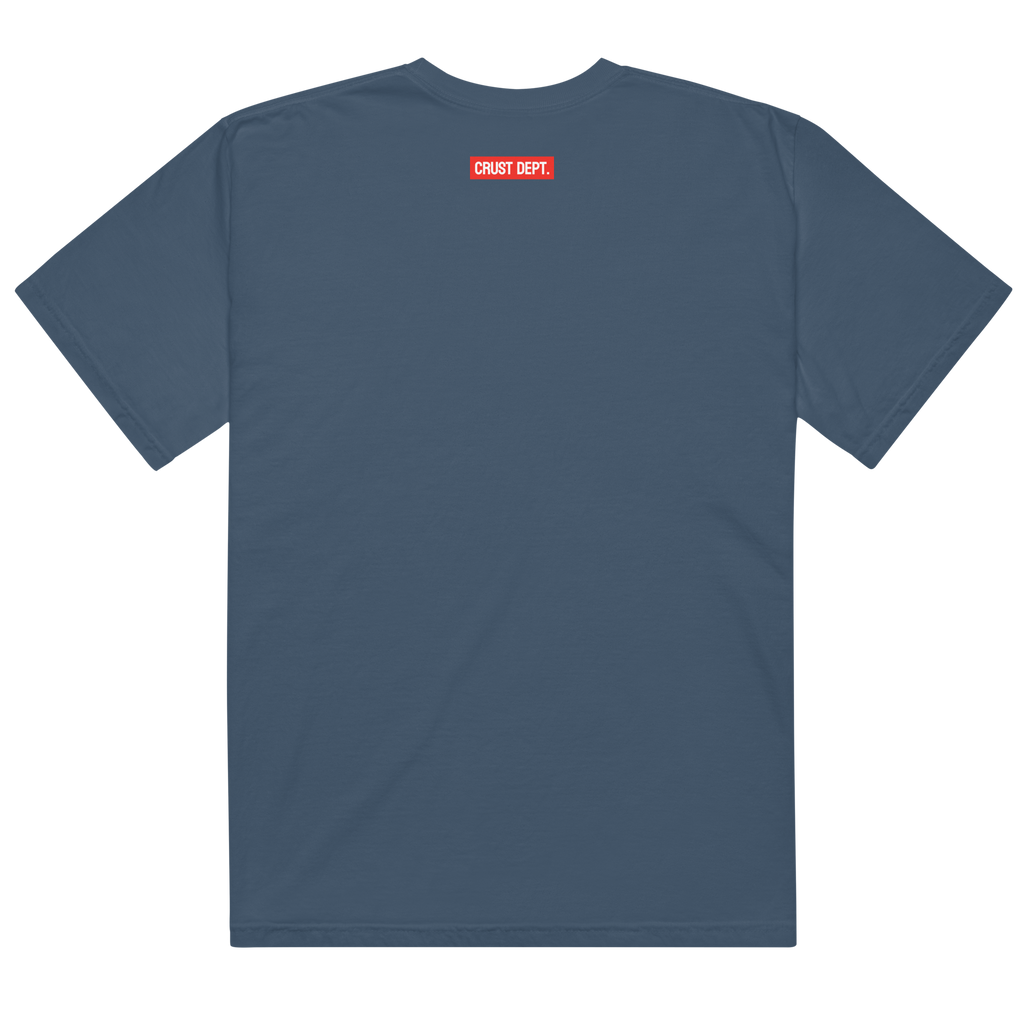 Blue t-shirt with a red and white logo on the back against a white background