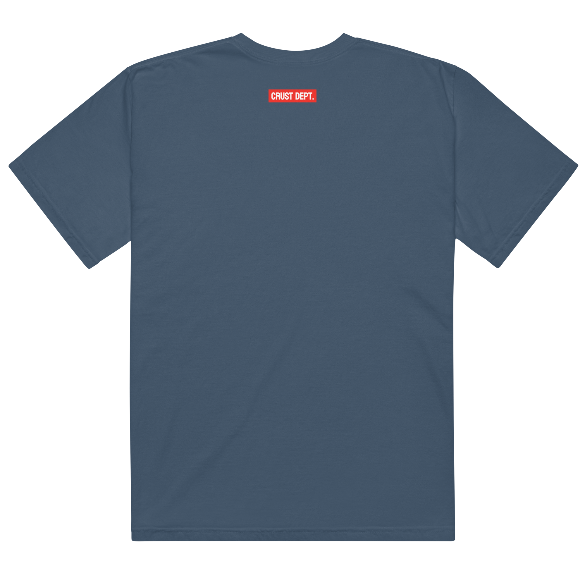 Blue t-shirt with a red and white logo on the back against a white background