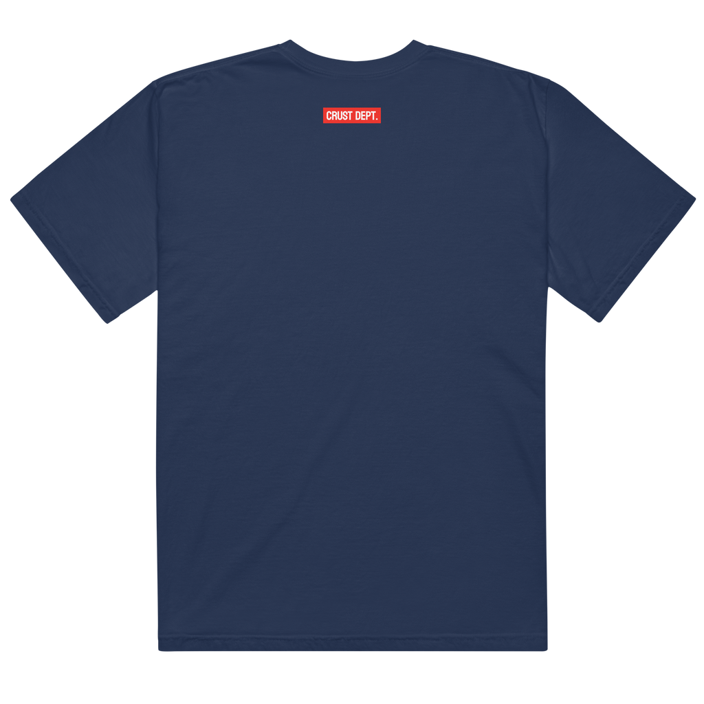 Navy blue t-shirt with a red and white logo on the back against a white background