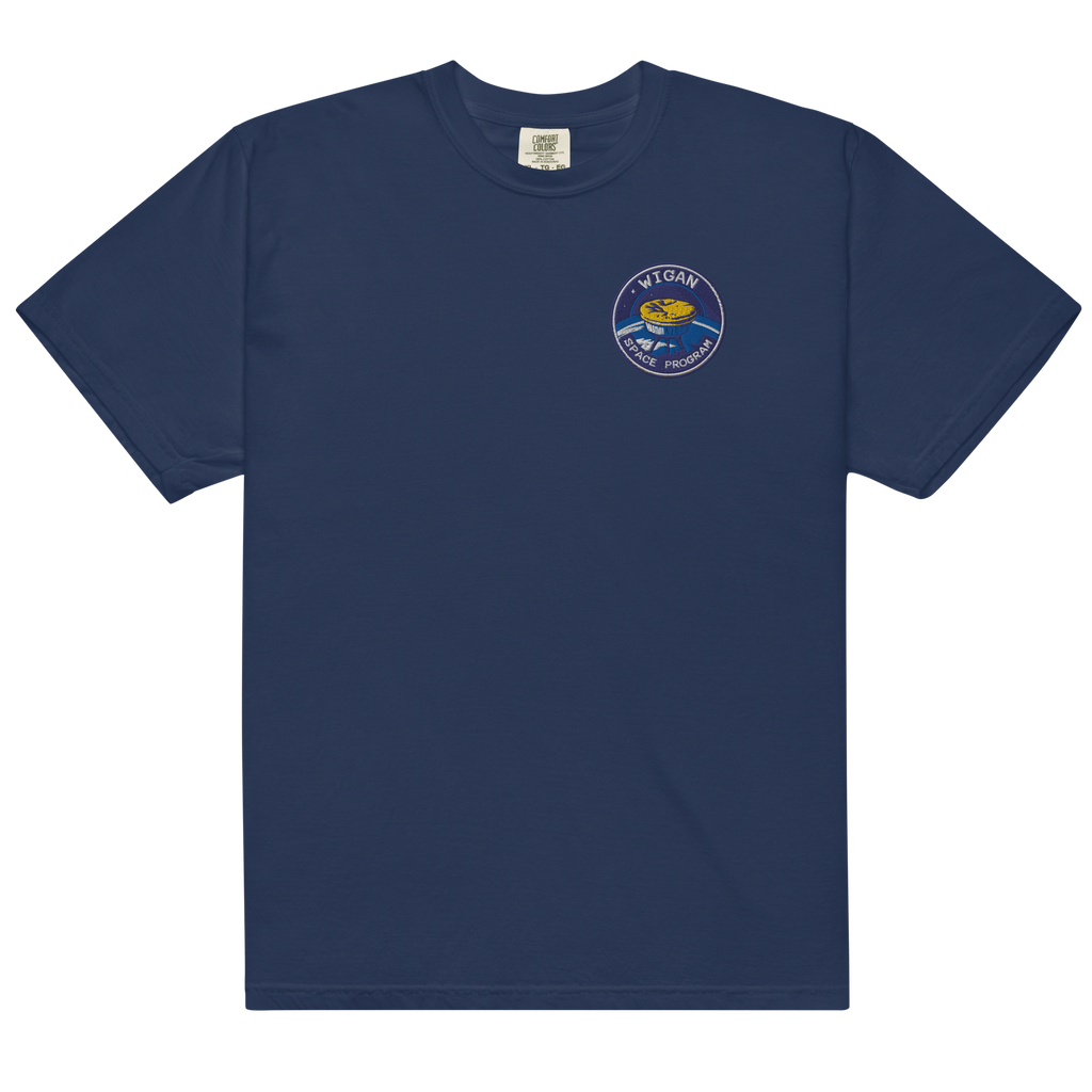 Navy blue t-shirt with a logo on the chest against a white background