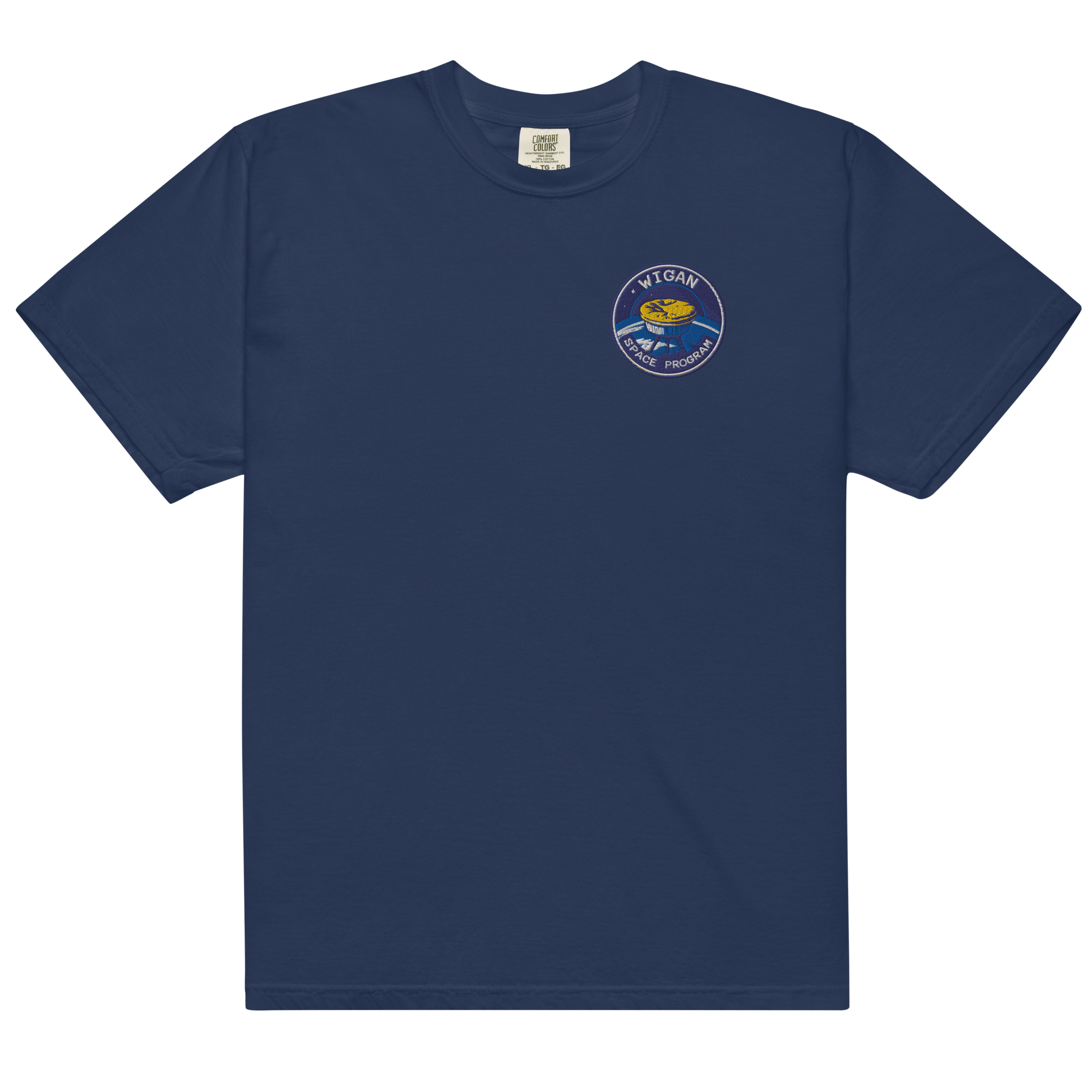 Navy blue t-shirt with a logo on the chest against a white background