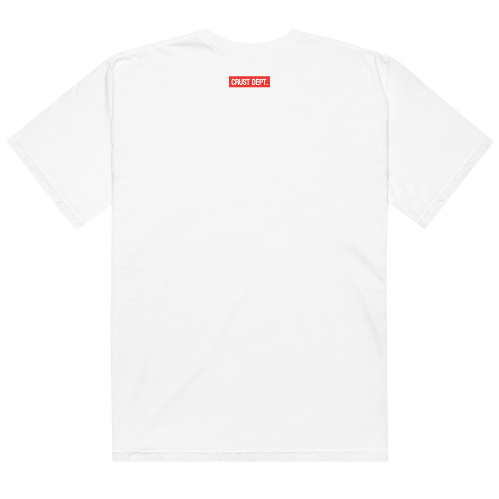 White t-shirt with a red and black label on the chest against a white background