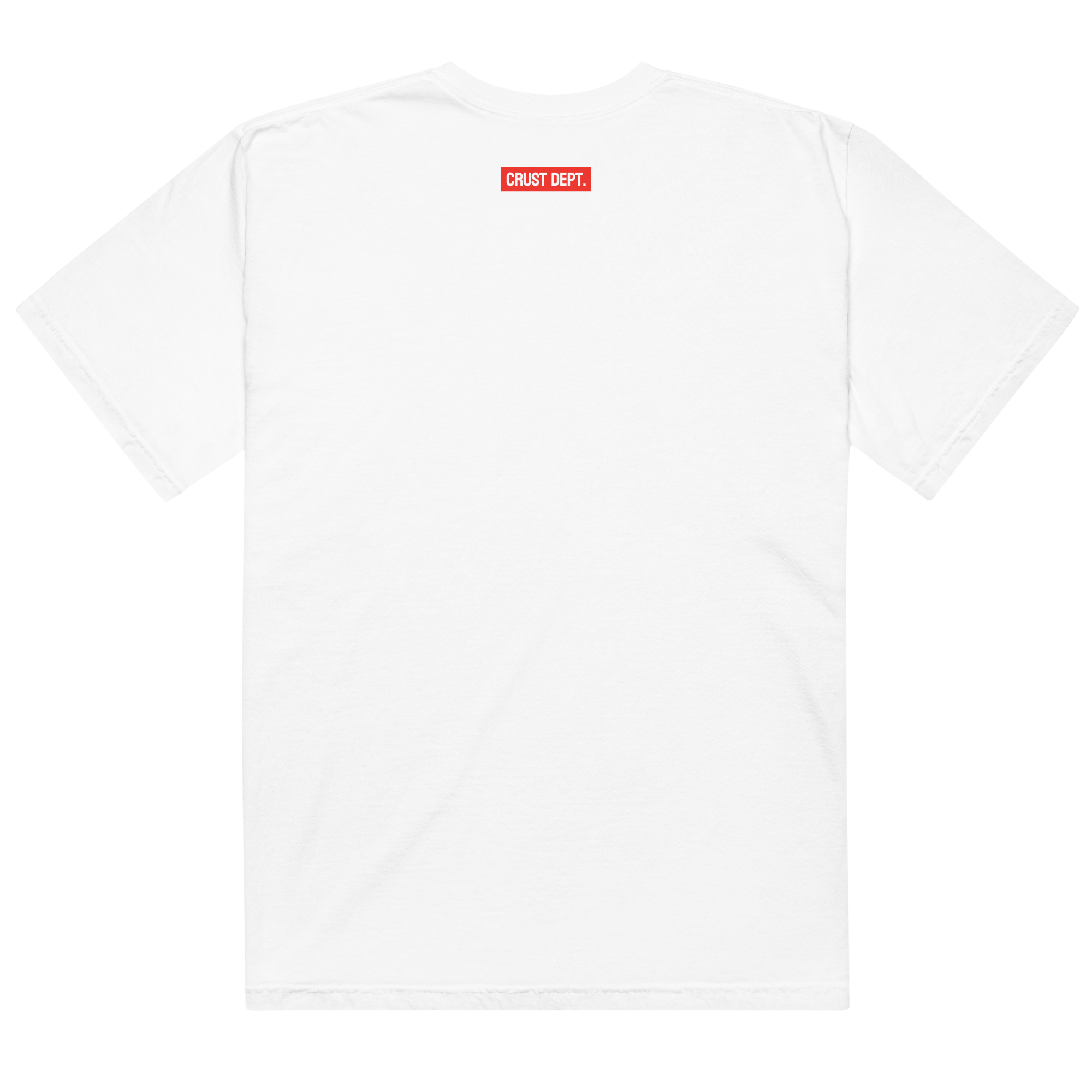 White t-shirt with a red and black label on the chest against a white background