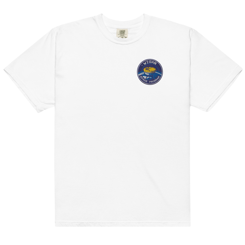 White t-shirt with a circular logo on a white background