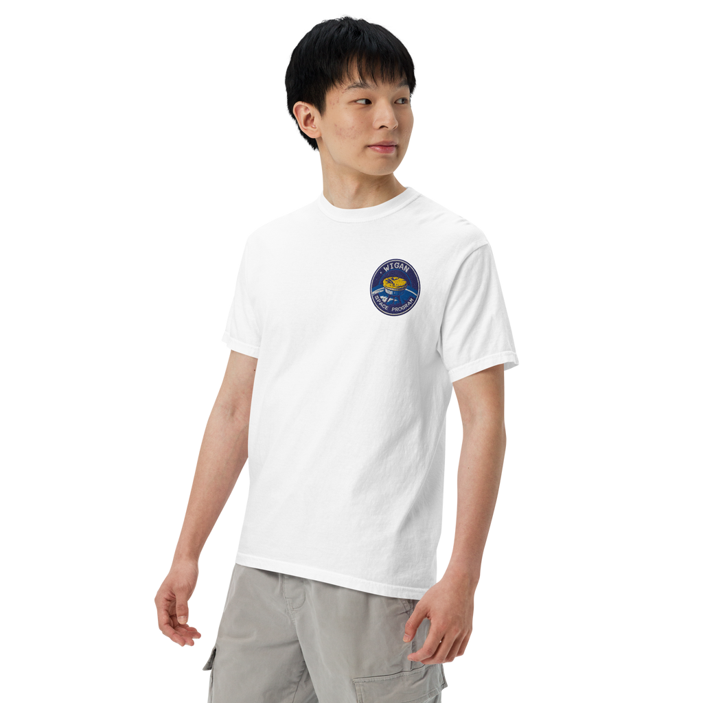 Person wearing a white t-shirt with a logo on a white background