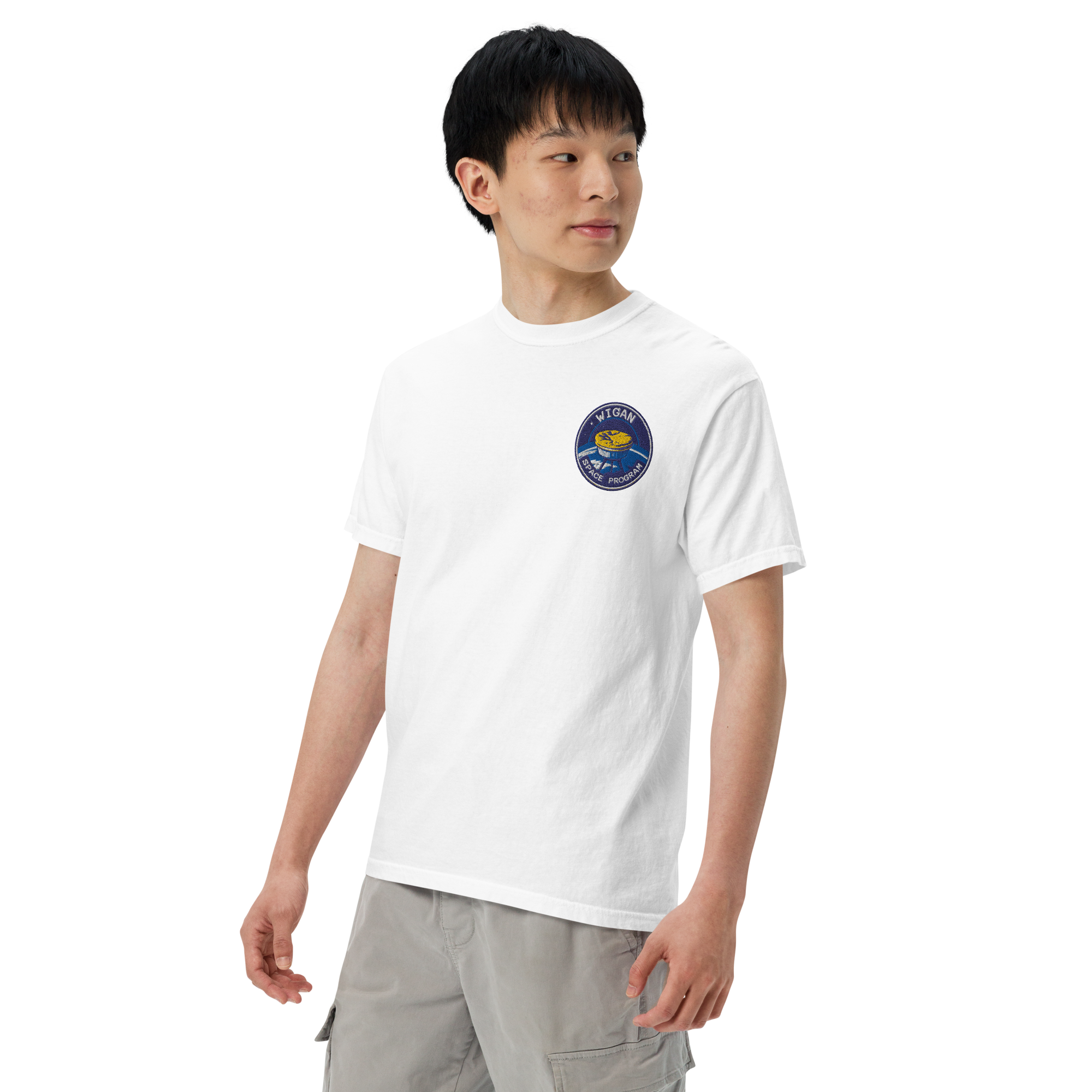 Person wearing a white t-shirt with a logo on a white background