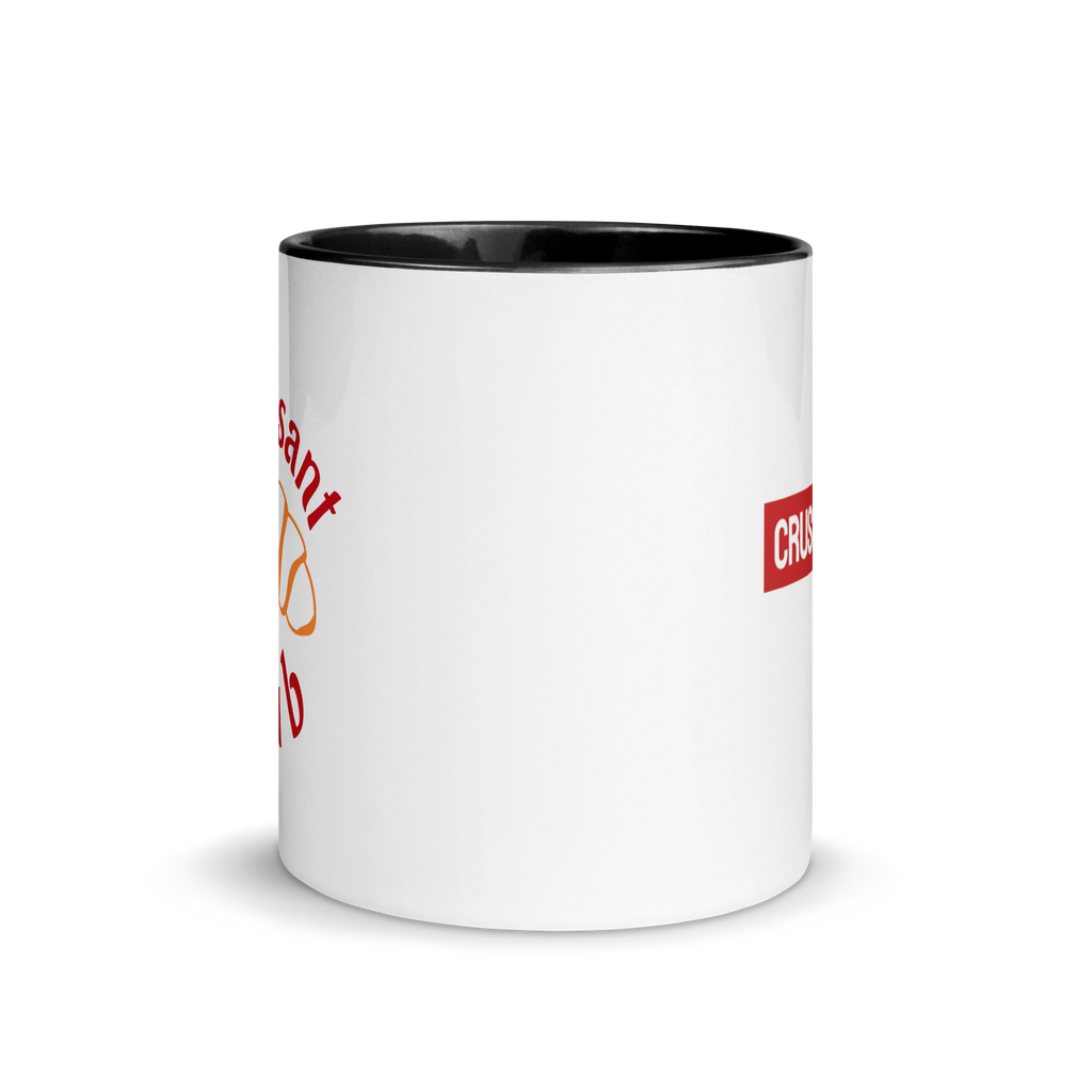 White mug with black interior and colourful text on a white background