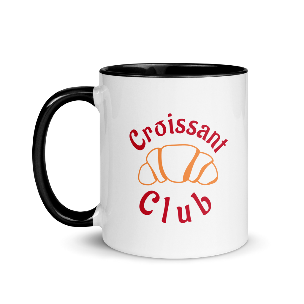 White mug with black handle featuring 'Croissant Club' text and croissant graphic on a white background