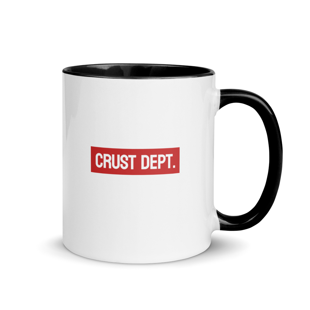 White mug with black handle and red 'CRUST DEPT.' logo on a white background