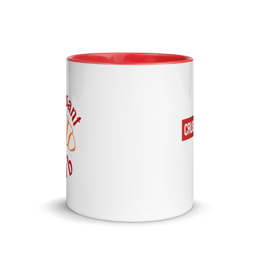 White mug with red interior and handle, featuring a logo and text on a white background