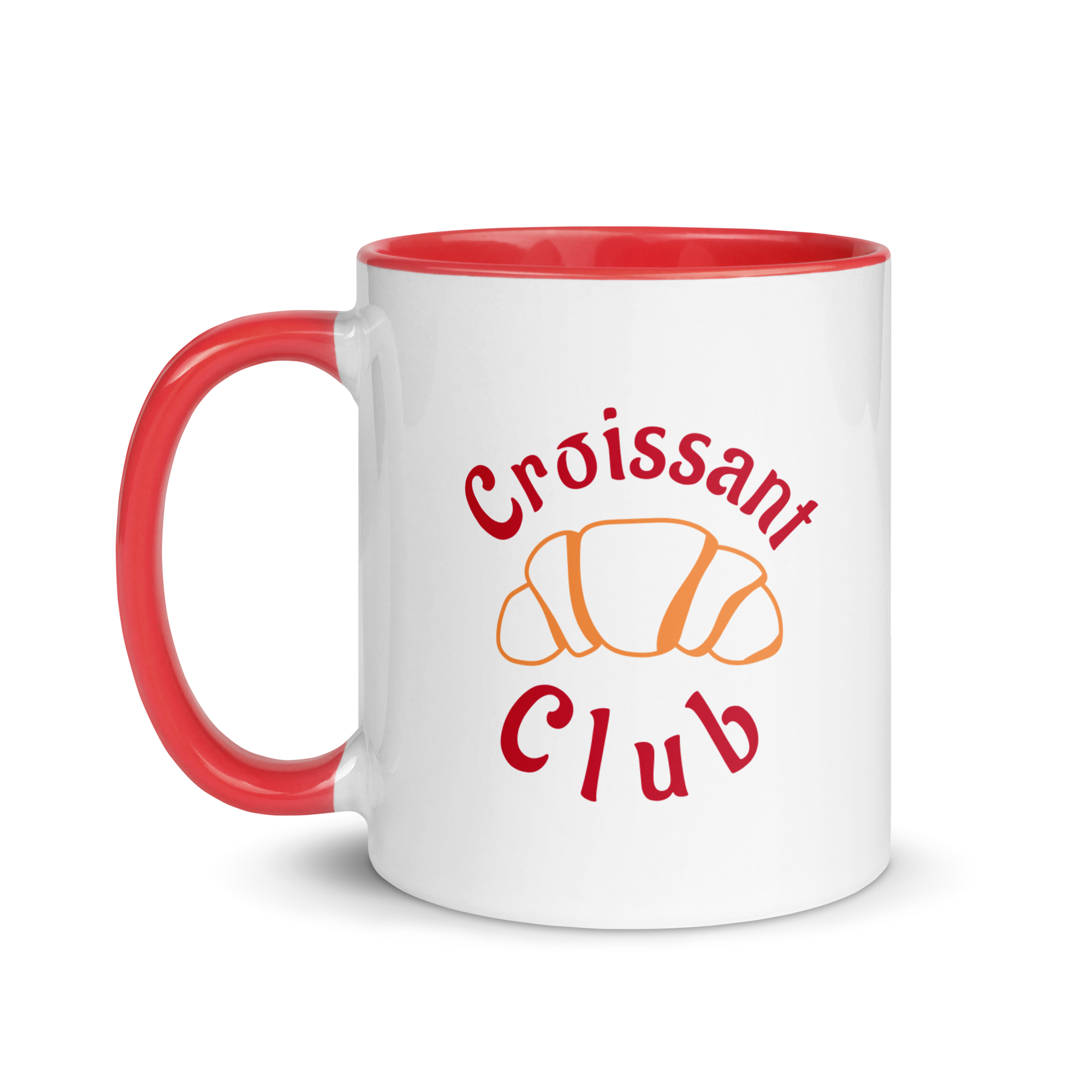 White mug with red handle and interior, featuring 'Croissant Club' text and croissant illustration on a white background.