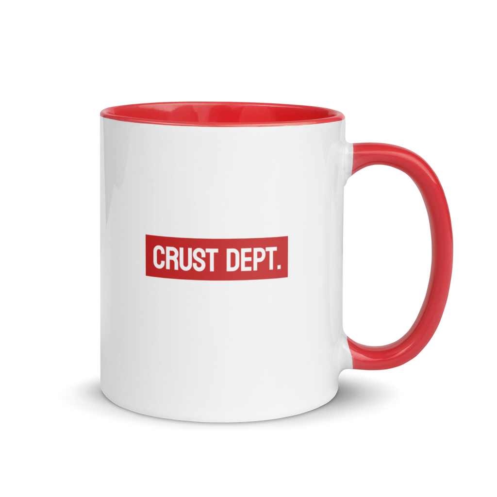 White mug with red handle and interior, featuring 'CRUST DEPT.' text on a white background